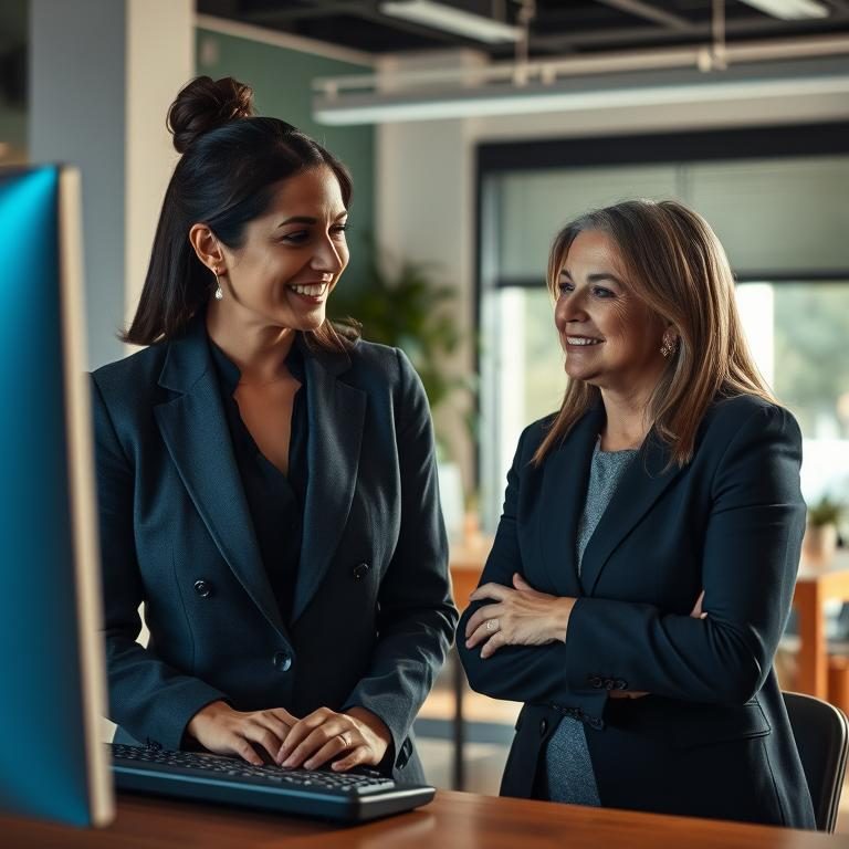 A warm, inviting office setting with a sleek, high-tech computer interface in the foreground. In the middle ground, a kind, attentive woman in business attire is engaging with a potential caregiver candidate, their faces radiating trust and connection. The background showcases a serene, modern workspace, filled with plants and natural light, conveying a sense of professionalism and care. The scene is captured with a soft, cinematic lighting that highlights the thoughtful, human-centric approach to AI-powered caregiver recruitment.
